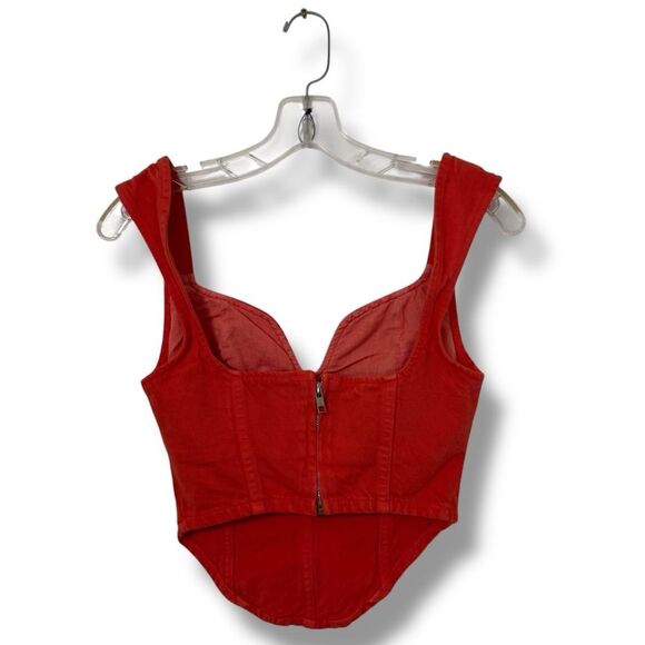 Mara Hoffman Milla Cropped Denim Top Poppy Orange Sweetheart Cotton Size 00 - Picture 2 of 8